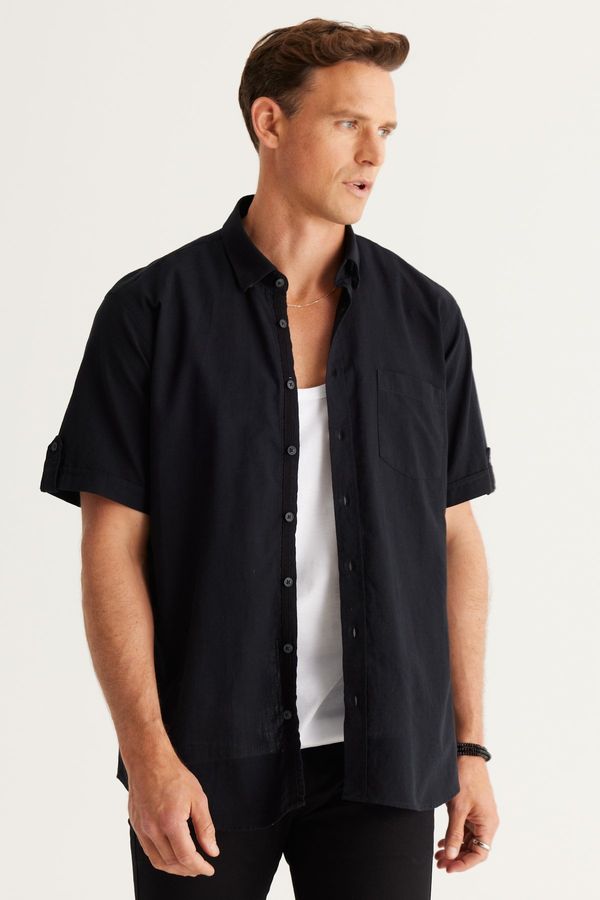 AC&Co / Altınyıldız Classics AC&Co / Altınyıldız Classics Men's Black Comfort Fit Button-down Collar Linen Look 100% Cotton Short Sleeve Shirt.