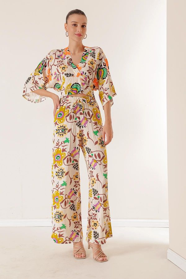 By Saygı By Saygı Elastic Waist, Pocket Palazzo Pants Front Back V-Neck Crop Floral Double Suit