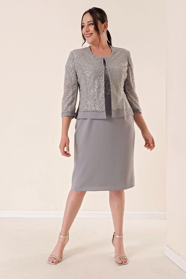 By Saygı By Saygı Imported Crepe Griter Dress and Jacket Plus Size Suit Silver