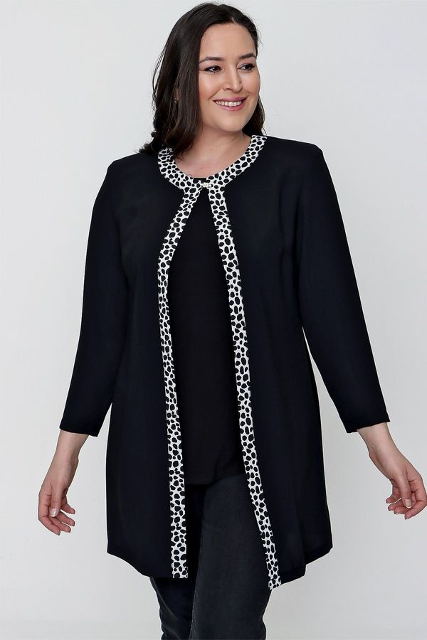 By Saygı By Saygı Leopard Pattern Sleeve Tip And Front Tie Plus Size Crepe Double Suit Black