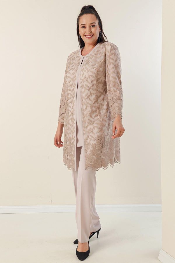 By Saygı By Saygı Plus Size 3-piece Crepe Set with Beading and Guipure Lined Jacket, Blouse and Pants.