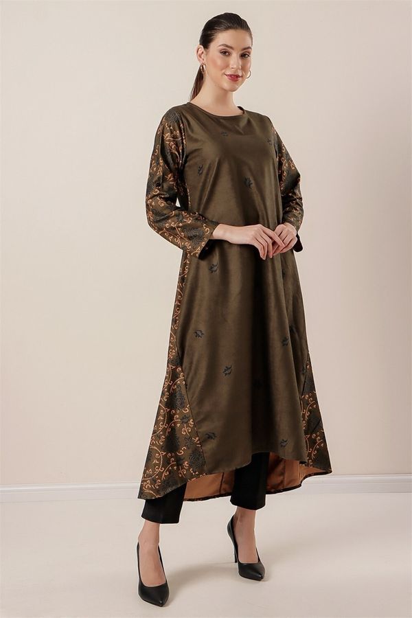 By Saygı By Saygı Short Front, Long Back Patterned Oversize Sanded Suede Dress Khaki