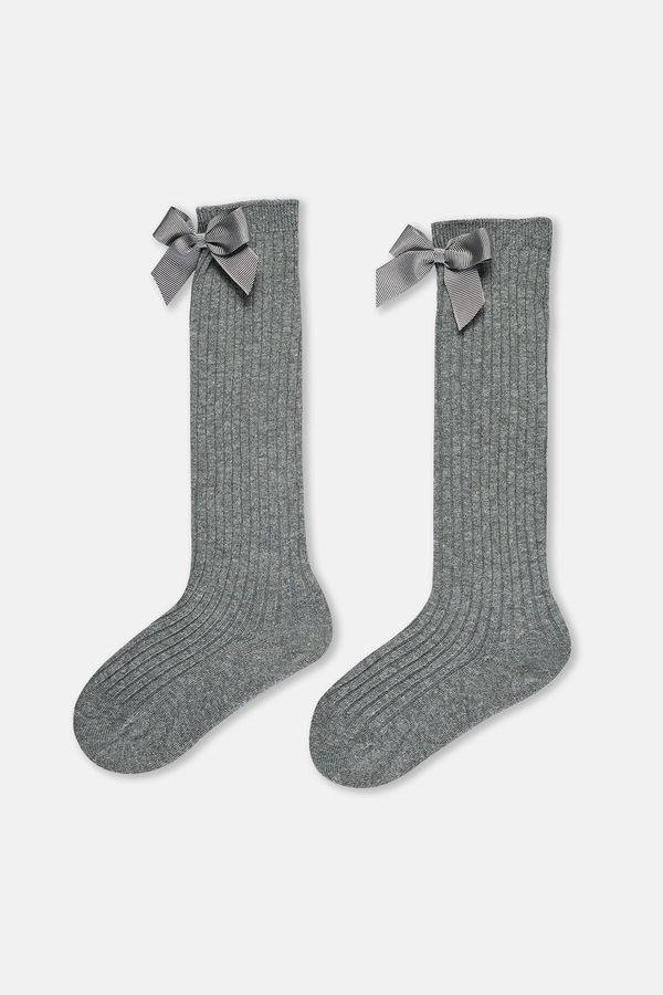 Dagi Dagi Gray Melange Girls' Ribbon Detailed Knee Socks