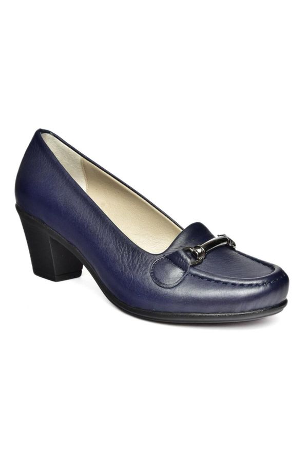 Fox Shoes Fox Shoes R908037103 Navy Blue Genuine Leather Thick Heeled Women's Shoes