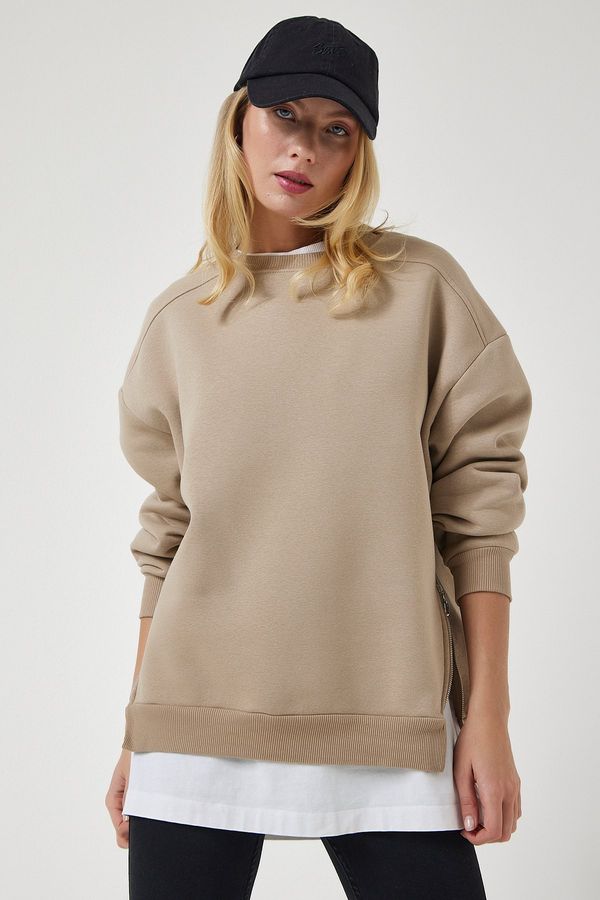 Happiness İstanbul Happiness İstanbul Women's Mink Zipper Detail Raised Knitted Sweatshirt