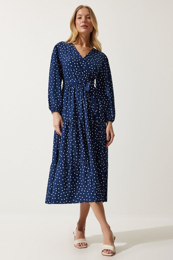 Happiness İstanbul Happiness İstanbul Women's Navy Blue Wrapover Neck Polka Dot Knitted Dress