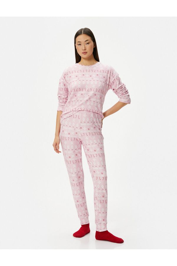 Koton Koton Christmas Themed Pajamas Set Long Sleeve Crew Neck