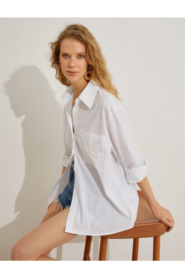 Koton Koton Oversized Shirt with Pockets and Embroidery Detail.