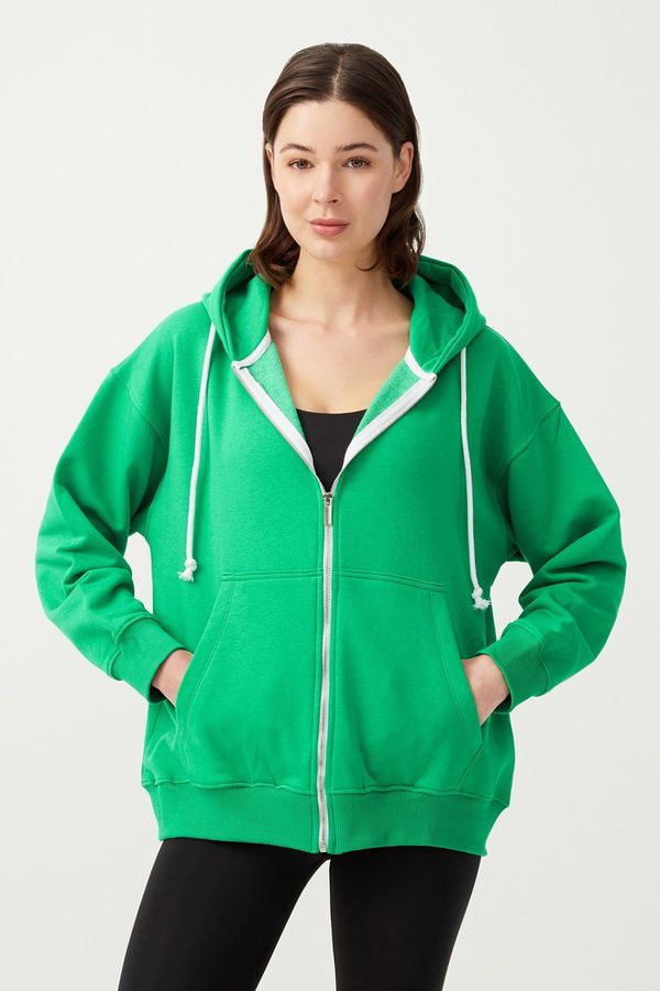 LOS OJOS LOS OJOS Women's Green White Hooded Oversized Rayon Zipper Knitted Sweatshirt