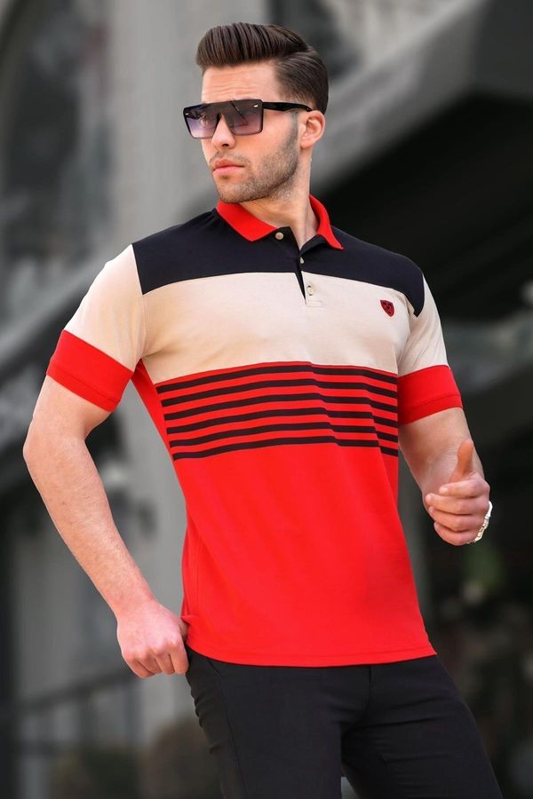 Madmext Madmext Men's Red Polo Neck Striped T-Shirt 5865