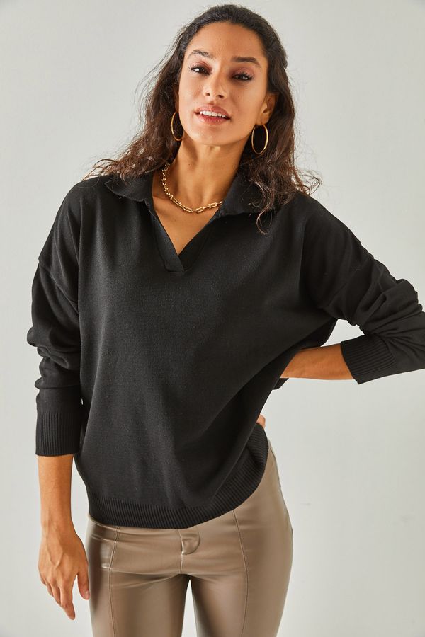 Olalook Olalook Women's Black Polo Neck Oversize Slim Knitwear Sweater