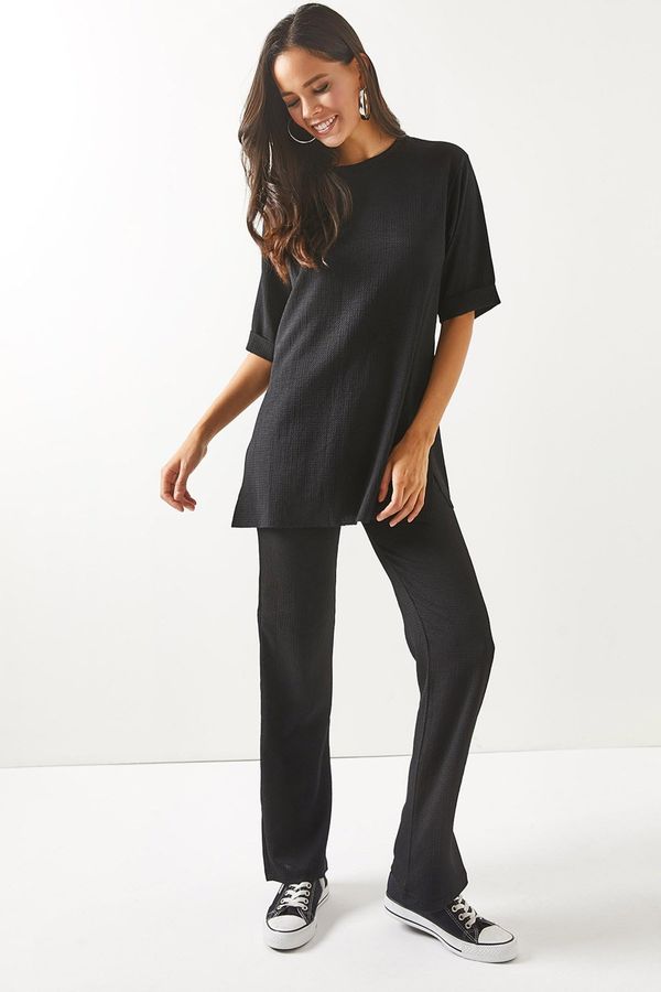 Olalook Olalook Women's Black Top with Slits and Lower Palazzo Suit