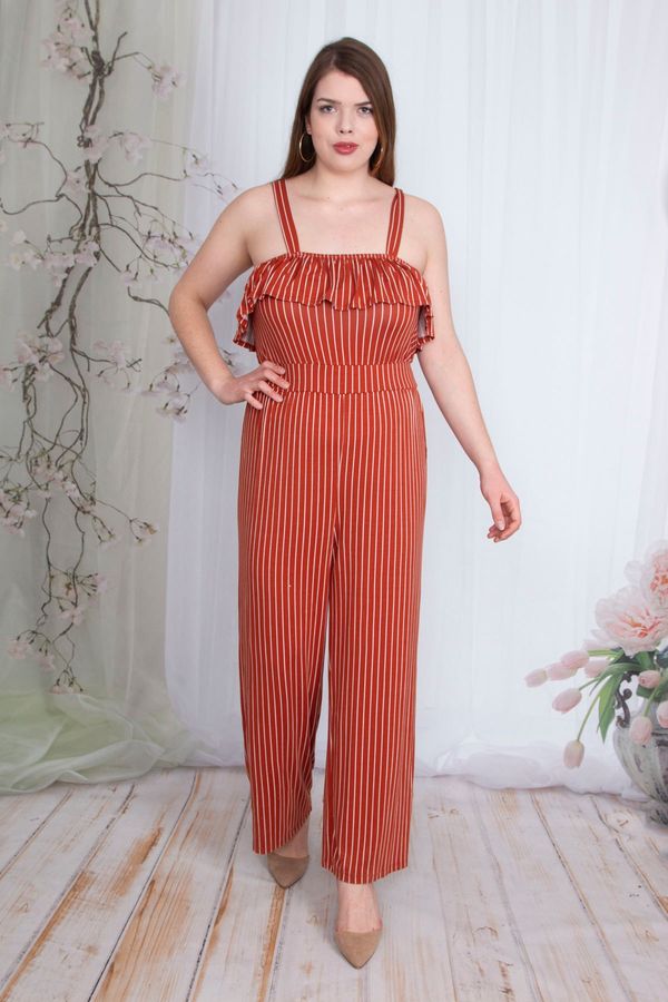 Şans Şans Women's Plus Size Cinnamon Stripe Jumpsuit with Straps and Flounces