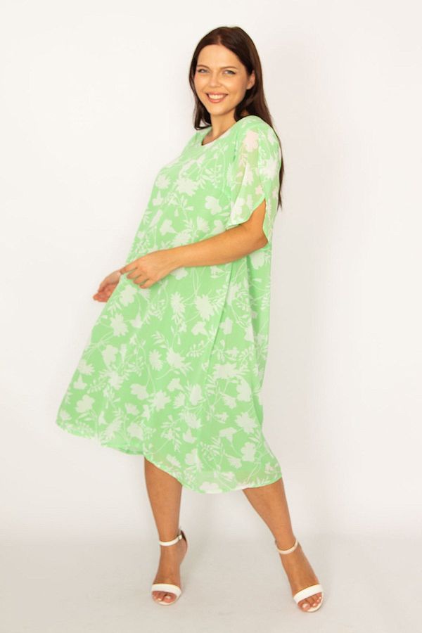 Şans Şans Women's Plus Size Green Lined Chiffon Dress with Slit Sleeves
