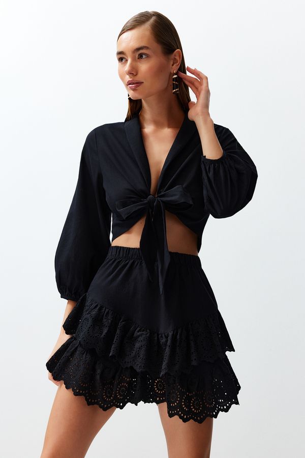 Trendyol Trendyol Black Mini Woven Ruffle 100% Cotton Skirt