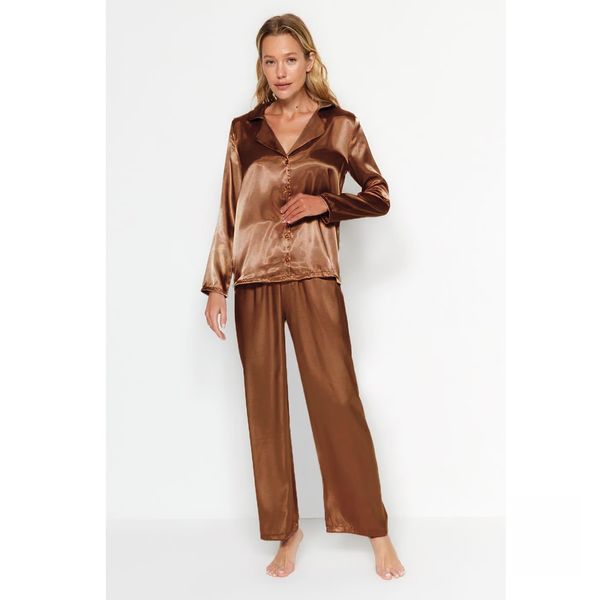 Trendyol Trendyol Brown Satin Shirt-Pants Weave Pajamas Set