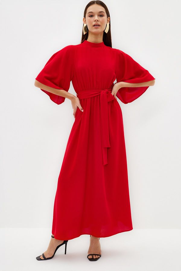 Trendyol Trendyol червен колан половин ръкав тъкани рокля