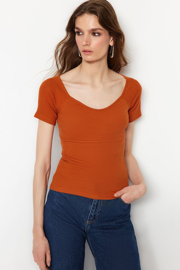 Trendyol Trendyol Cinnamon Fitted Cotton Stretch Knitted Blouse