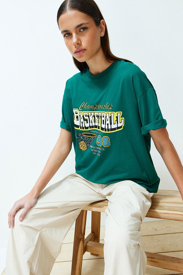Trendyol Trendyol Emerald Green Oversize Printed Crew Neck Short Sleeve Knitted T-Shirt