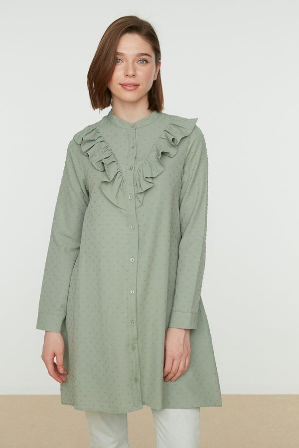 Trendyol Trendyol Green Collar Ruffle Detailed Shirt With Pompom, Woven Cotton