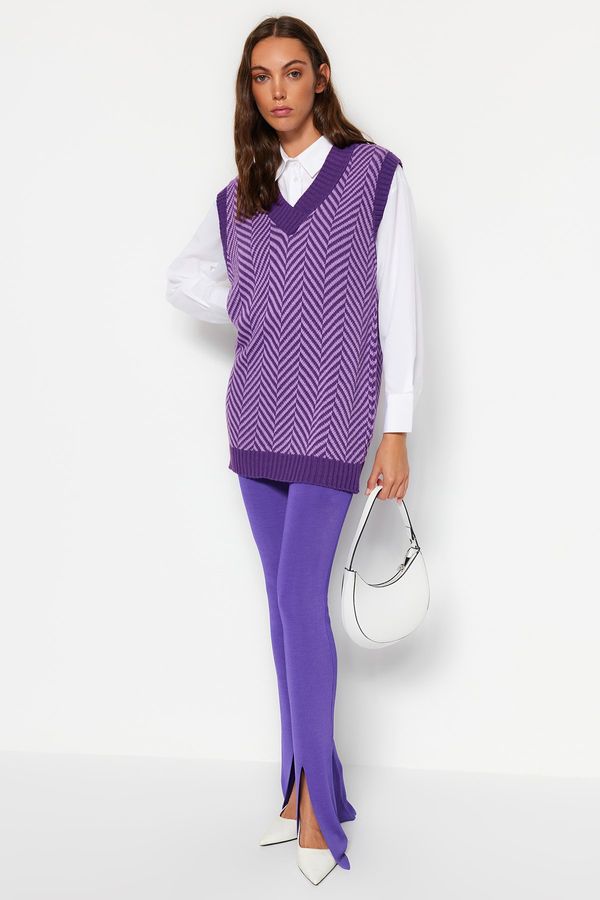 Trendyol Trendyol лилаво райета v-образно деколте трикотаж пуловер
