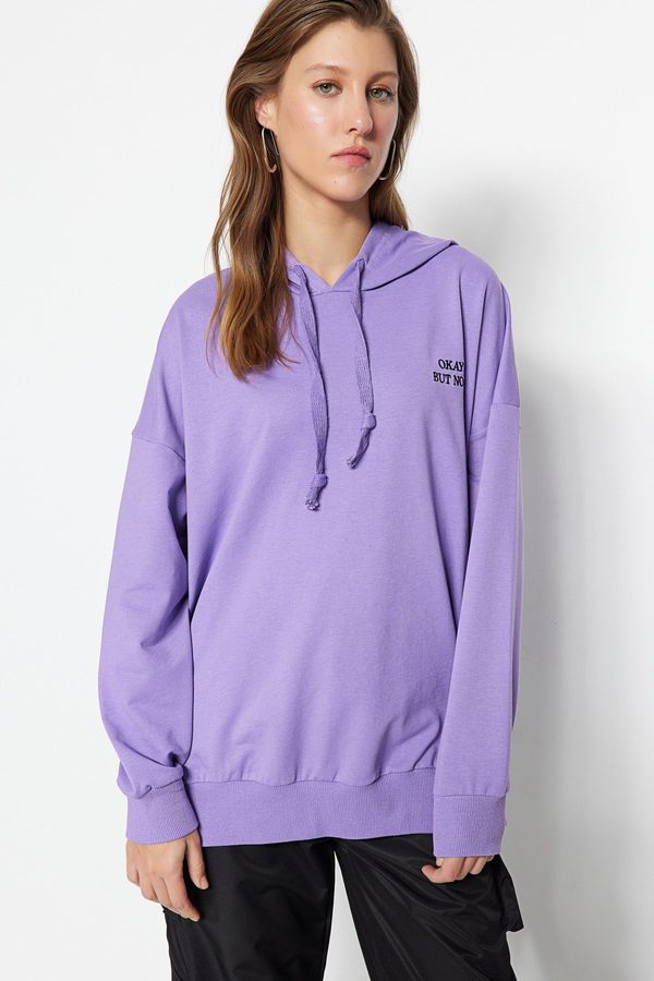 Trendyol Trendyol Purple Wide fit Oversize Knitted Embroidery Detail Hooded Sweatshirt