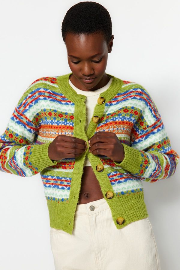 Trendyol Trendyol зелен мек текстурирани шарени трикотаж пуловер