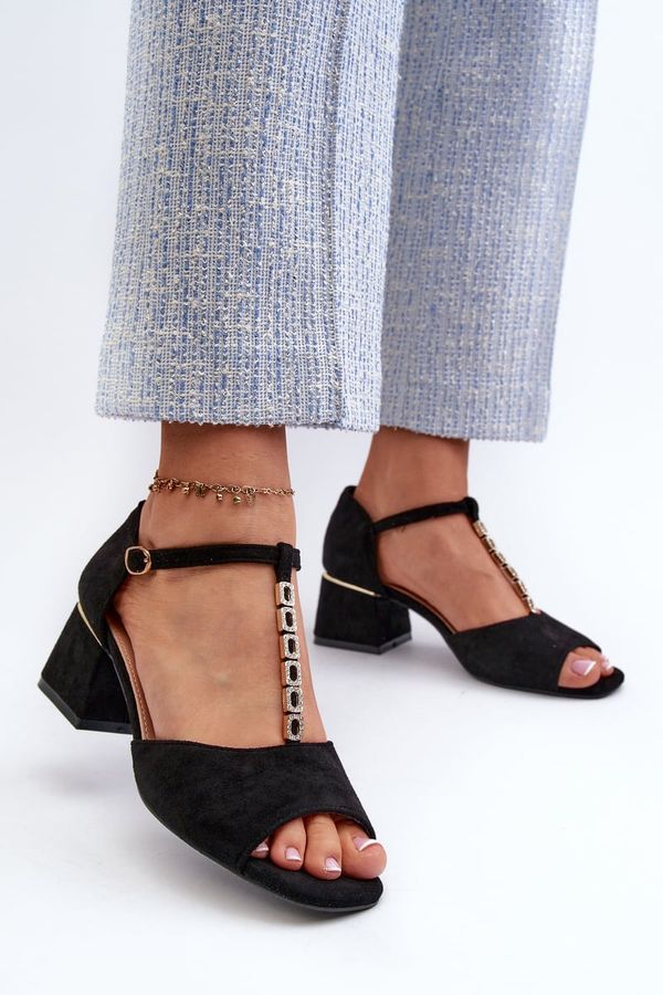 Kesi Women's sandals with block heel and decorative strap, Eco-friendly suede, Black Vanity