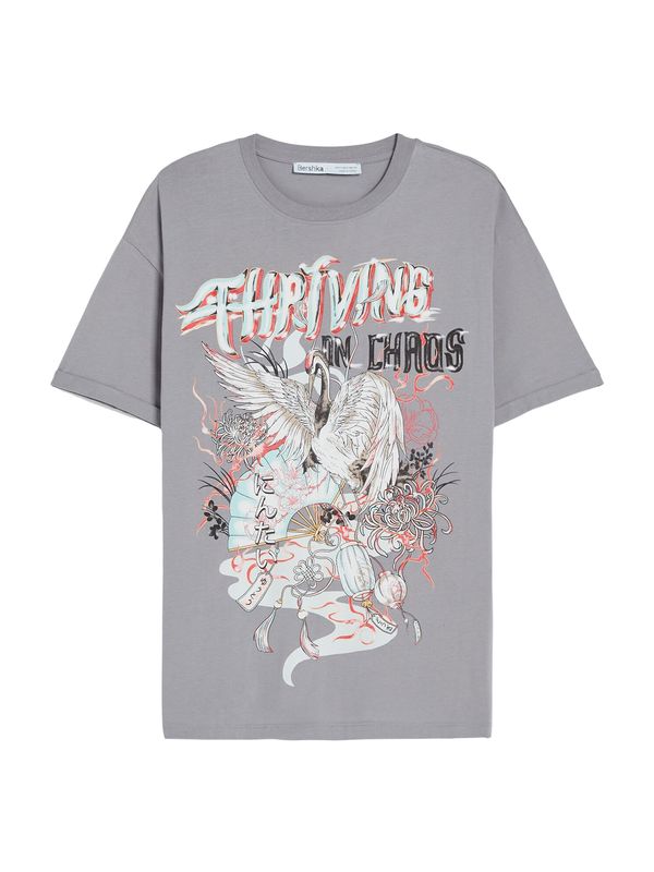 Bershka Bershka Тениска  сиво / оранжево / черно / бяло