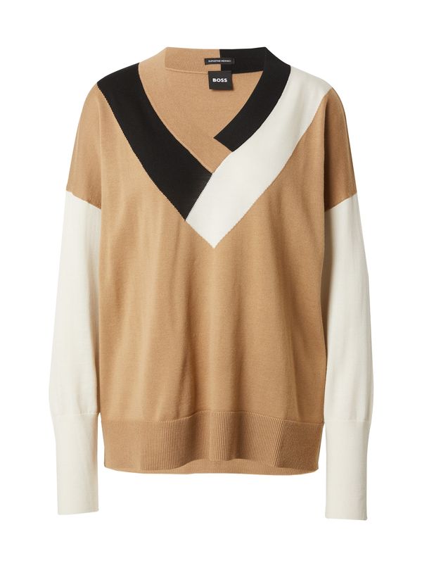 BOSS Black BOSS Black Пуловер 'Floricana'  камел / черно / бяло