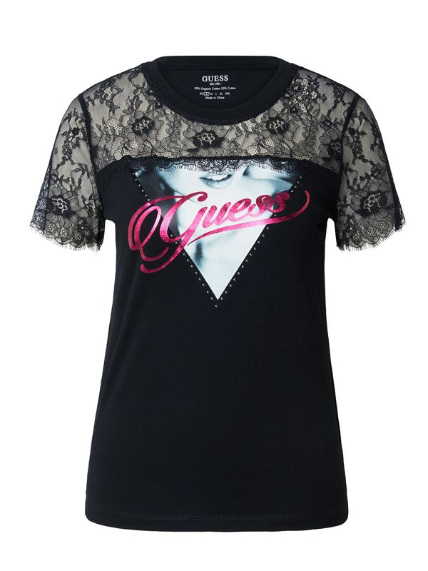 GUESS GUESS Тениска  базалтово синьо / неоново розово / черно / мръсно бяло