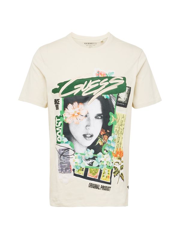 GUESS GUESS Тениска 'BOTANICAL COLLAGE'  кремаво / зелено / черно / бял памук