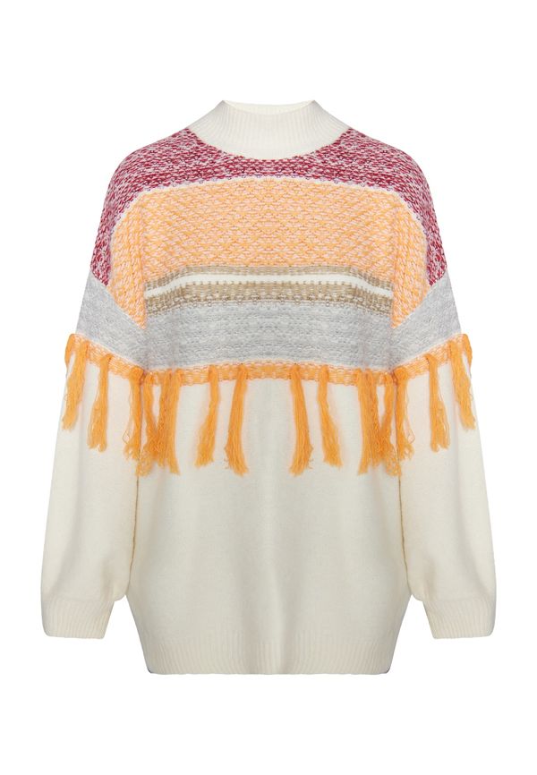 IZIA IZIA Пуловер 'Eyota'  сив меланж / оранжево / тъмночервено / бял памук