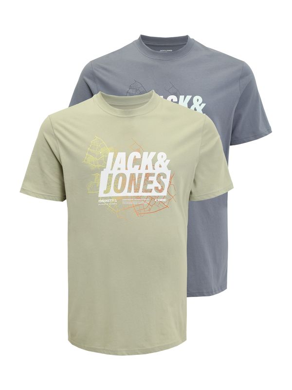 Jack & Jones Plus Jack & Jones Plus Тениска 'MAP'  сиво / светлозелено / оранжево / бяло