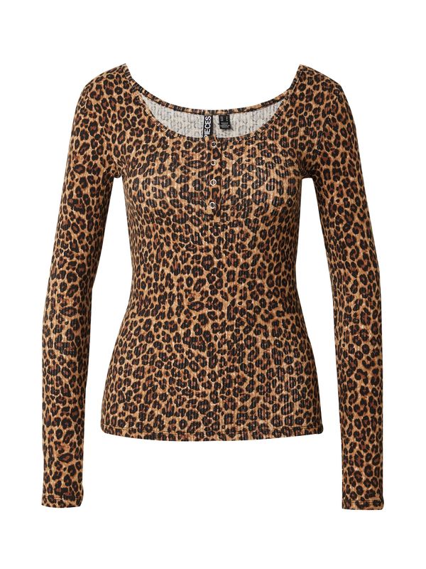 PIECES PIECES Тениска 'KITTE'  кафяво / черно