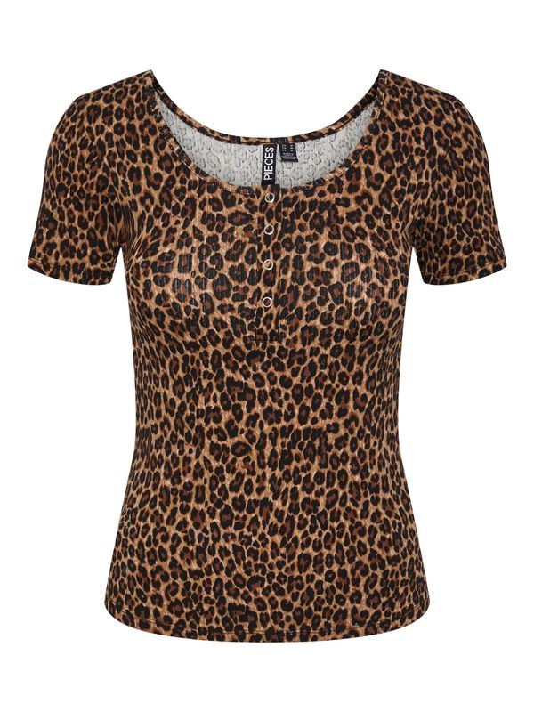 PIECES PIECES Тениска 'KITTE'  кафяво / мока / черно
