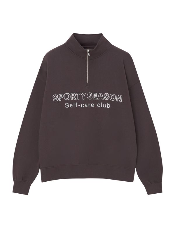 Pull&Bear Pull&Bear Суичър  тъмнокафяво / бяло