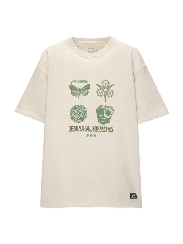 Pull&Bear Pull&Bear Тениска  цвят "пясък" / зелено / черно