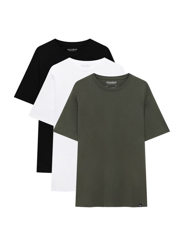 Pull&Bear Pull&Bear Тениска  тъмнозелено / черно / бяло