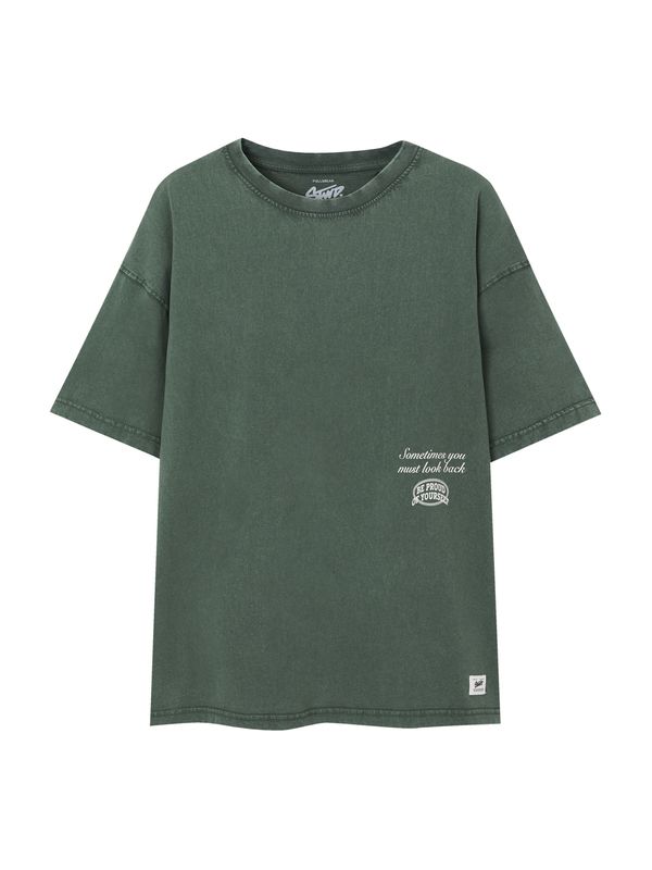 Pull&Bear Pull&Bear Тениска  тъмнозелено / мръсно бяло