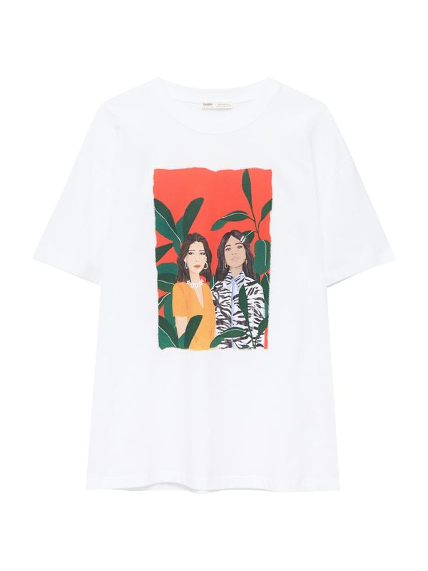 Pull&Bear Pull&Bear Тениска  тъмнозелено / оранжево-червено / черно / бяло