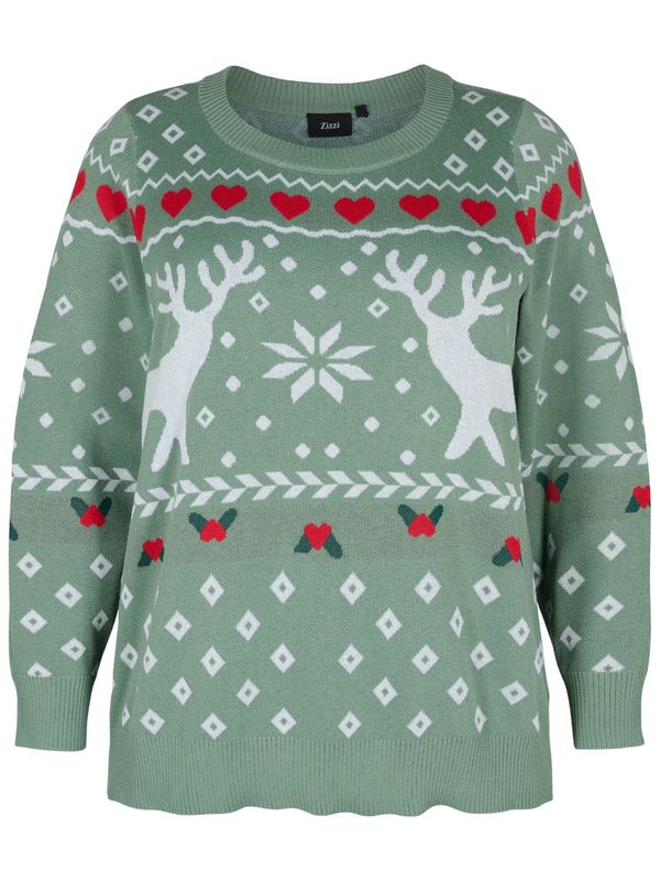 Zizzi Zizzi Пуловер 'MCHRISTMAS'  зелено / червено / бяло