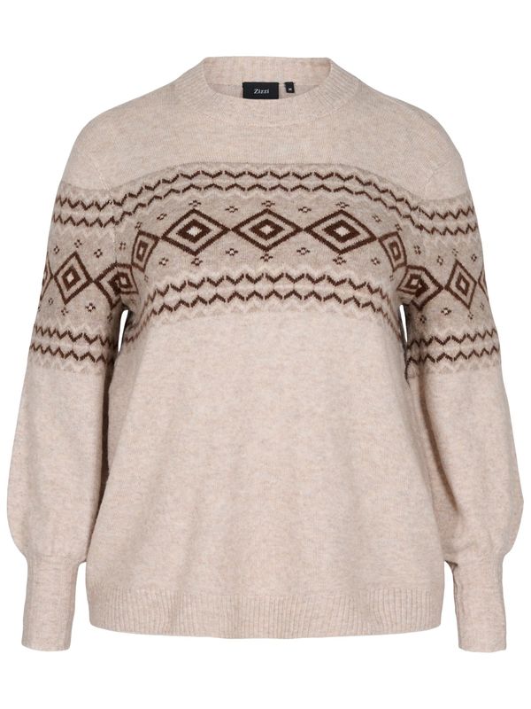 Zizzi Zizzi Пуловер 'Mnordic New'  бежово меланж / тъмнокафяво / сиво-бежово