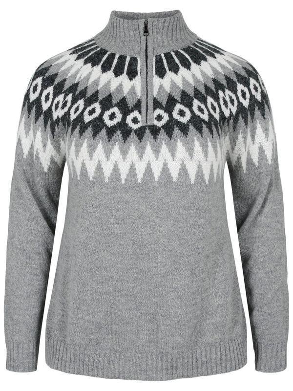 Zizzi Zizzi Пуловер 'SIMONE'  сиво / светлосиво / черен деним / бяло