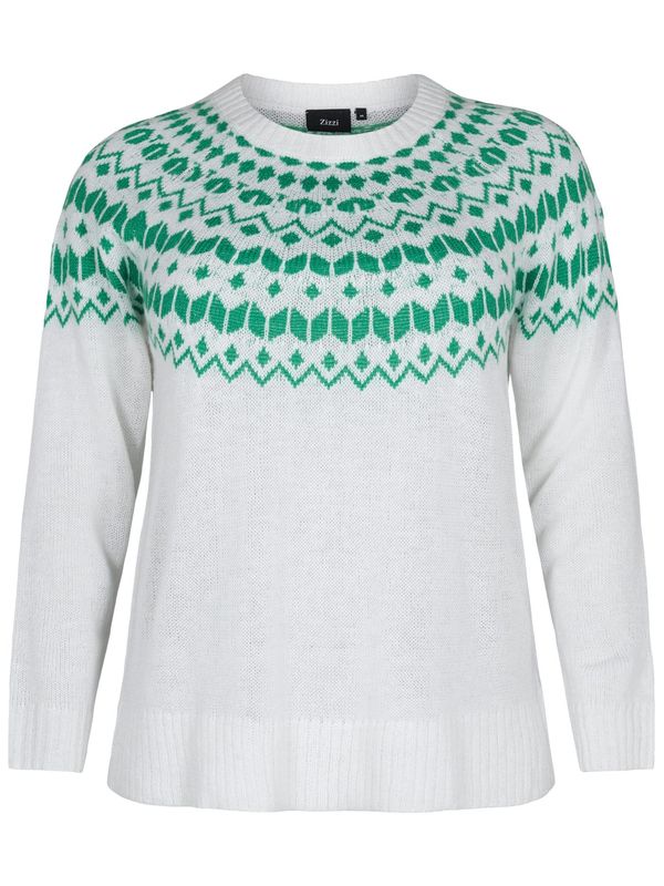 Zizzi Zizzi Пуловер 'SIMONE'  зелено / бяло