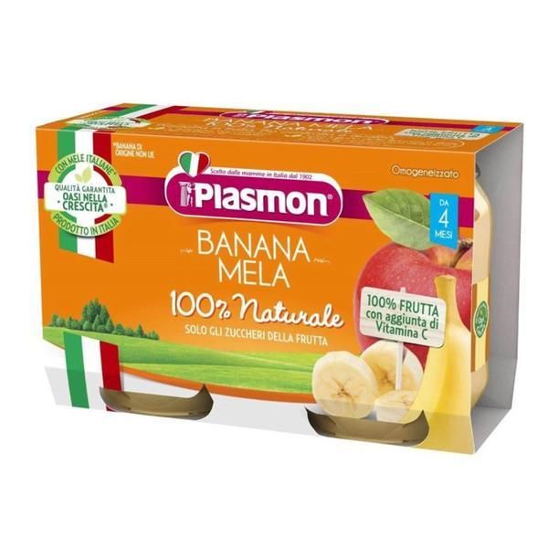 Plasmon 100% натурално пюре от банан и ябълка - Plasmon, 4 месеца+, 2 x 104 гр
