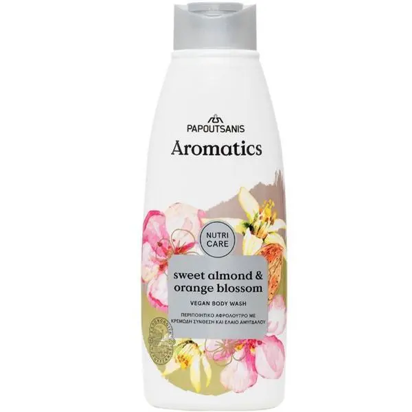 Papoutsanis 100% веган душ гел със сладък бадем и портокалов цвят  Papoutsanis Aromatics Nutri Care Body Wash Sweet Almond &amp; Orange Blossom, 600 мл