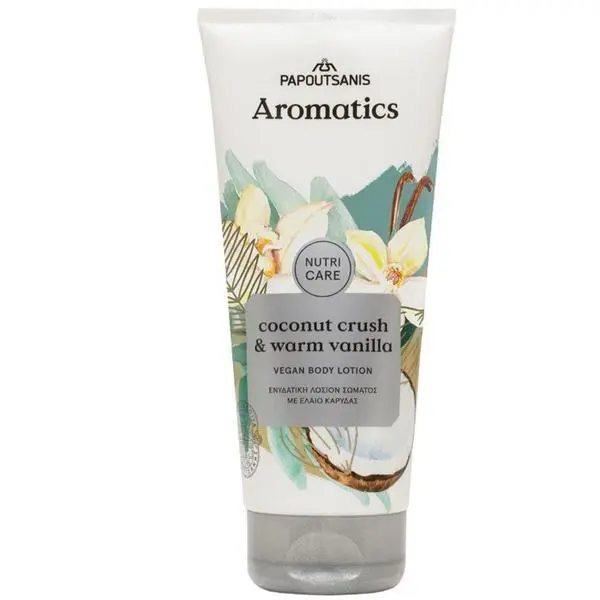 Papoutsanis 100% веган лосион за тяло с аромат на кокос и ванилия Papoutsanis Aromatics Nutri Care Body Lotion Coconut Crush &amp; Warm Vanilla, 200 мл