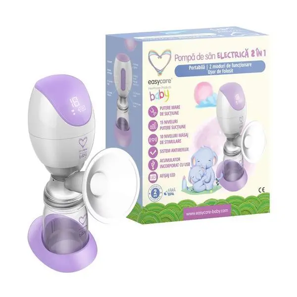 Easy Care Baby 2 в 1 Преносима електрическа помпа за кърма - Easycare Baby, 10 нива на масаж, LED дисплей, 1 бр