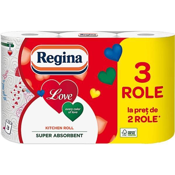 Regina 3 слоя кухненска кърпа - Regina Love Kitchen Roll, 2 ролки + 1